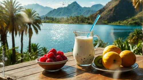 Fresh milk and fruit on wooden table with lake background, seamless looping 4k video animation. photo