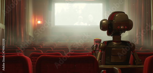 A robot alone in cinema watching a movie with popcorn. 