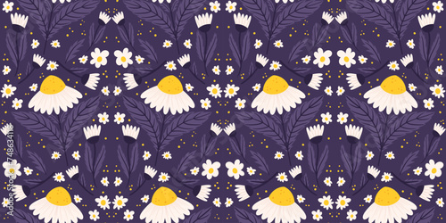 Continuous design featuring a daisy motif in midnight purple hue. Repeated surface pattern of chamomile on a backdrop of lavender.