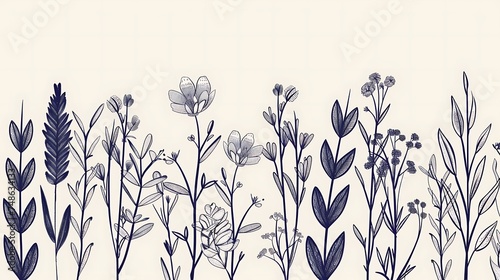 Luxury botanical background with trendy wildflowers and minimalist flowers for wall decoration or wedding. Hand drawn line herb, elegant leaves for invitation save the date card. Generative Ai