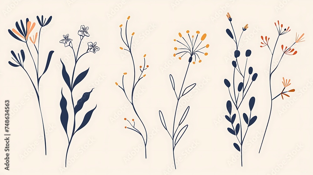 Minimal drawn floral botanical line art. Bouquets. Trendy elements of wild and garden plants, branches, leaves, flowers, herbs. illustration for invitation, save the date, card. Generative Ai