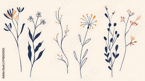 Minimal drawn floral botanical line art. Bouquets. Trendy elements of wild and garden plants, branches, leaves, flowers, herbs. illustration for invitation, save the date, card. Generative Ai