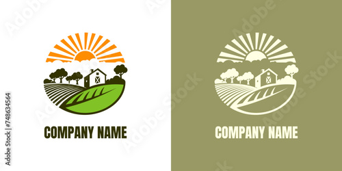 Farm House concept logo. Template with farm landscape. Black logotype isolated on white background. Vector illustration.