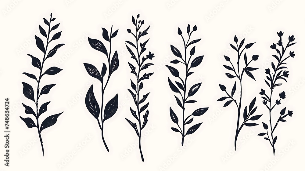 Minimal feminine botanical floral branch in silhouette style. Hand drawn wedding herb, minimalistic flowers with elegant leaves. Botanical rustic trendy greenery. Generative Ai