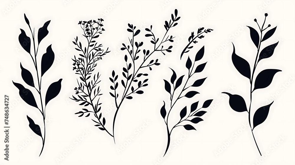 Minimal feminine botanical floral branch in silhouette style. Hand drawn wedding herb, minimalistic flowers with elegant leaves. Botanical rustic trendy greenery. Generative Ai - obrazy, fototapety, plakaty 