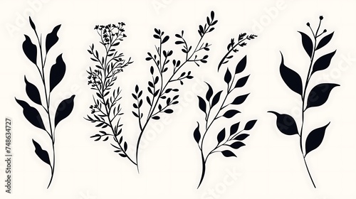 Minimal feminine botanical floral branch in silhouette style. Hand drawn wedding herb, minimalistic flowers with elegant leaves. Botanical rustic trendy greenery. Generative Ai photo