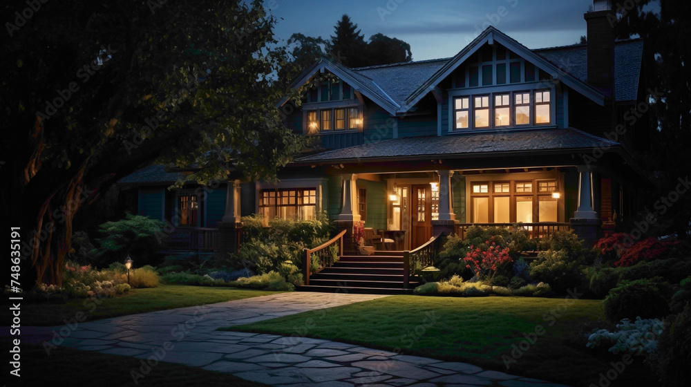 A bird's-eye perspective reveals the serene beauty of a traditional craftsman home, its deep mahogany exterior glowing under the moon's soft light.