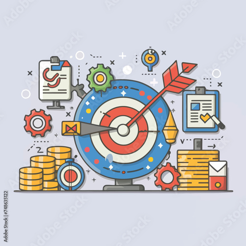 2d vector illustration colorful business   Achieving the goal among many goals with the best proposal and the best results 