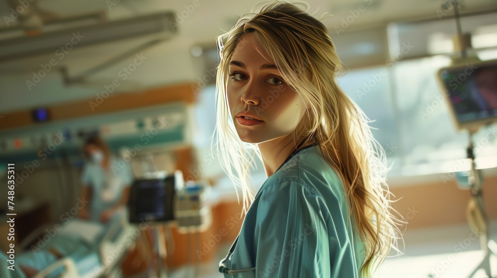 Portrait of Blonde female medic in hospital looking at camera 