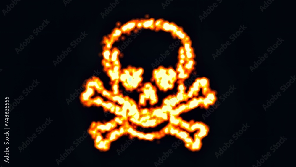 Beautiful illustration of danger skull symbol with fire effect on plain black background