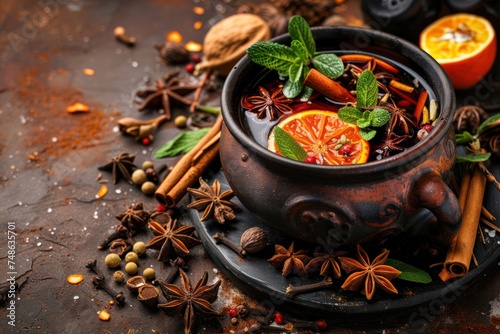 Hot mulled wine for winter and Christmas with various spices. Preparing for the Christmas holidays 