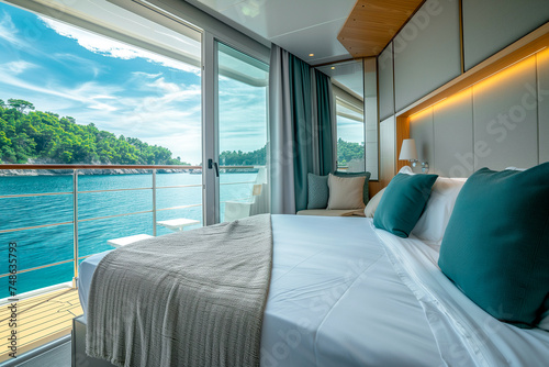 Modern first class cabin on a passenger cruise ship with queen-size bed photo