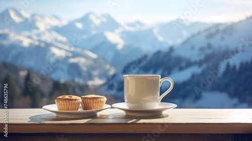  cups of tea sit on a window sill with snowy mountain 