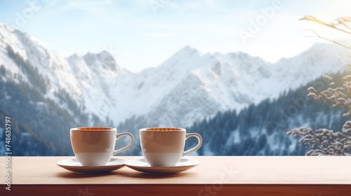  cups of tea sit on a window sill with  snowy mountain  © CStock