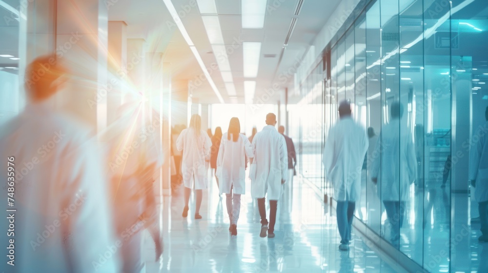 doctors and nurses walking in hospital with blurred motion. 
