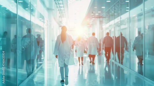 Doctors and nurses walking in hospital with blurred motion.