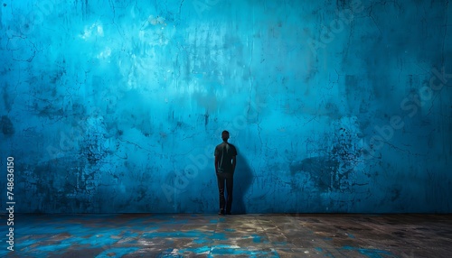 Loneliness Concept Person Against Blue Wall in Captivating Stock Image