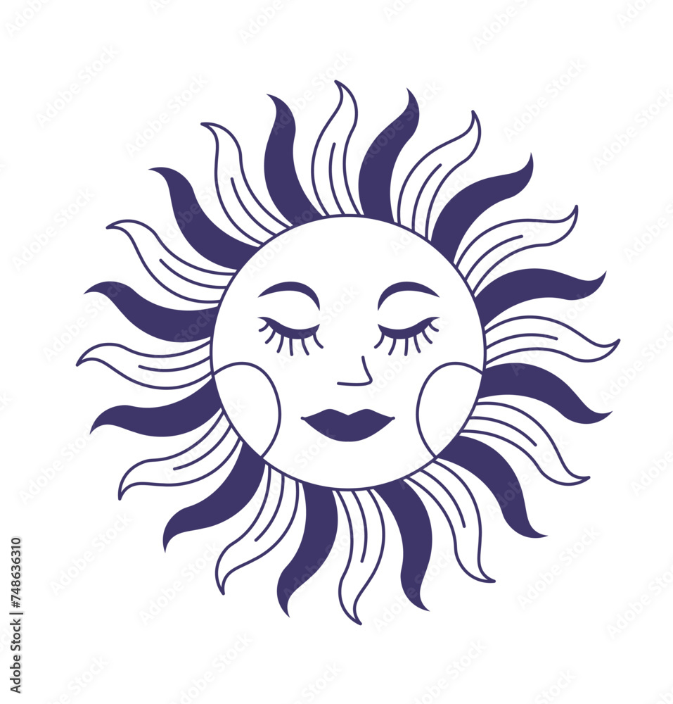 Celestial luminary with rays, mystic peaceful sun Celestial luminary with rays, mystic peaceful sun
