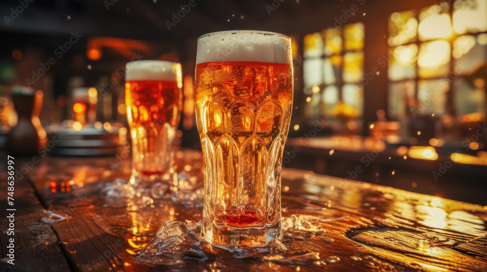 Foamy beer is in a glass on an old wooden table against a beautiful bokeh background Foamy beer is in a glass on an old wooden table against a beautiful bokeh background