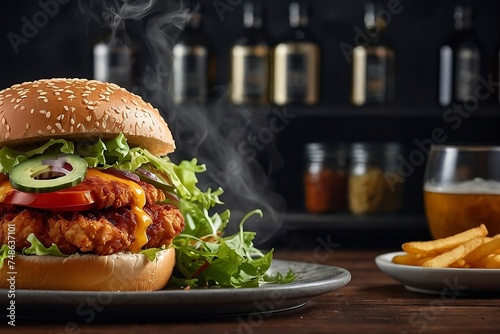 Ultimate crispy chicken burger experience with our flying ingredients and spices, perfectly rendered with mouth-watering visual feast.