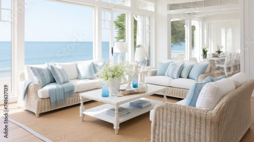 A bright and airy coastal living room with comfortable seating, ocean view, and a light, breezy decor.