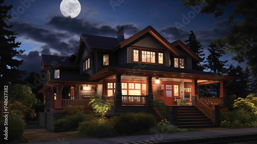 Above it all, witness the serene magnificence of a traditional craftsman home, its deep mahogany features radiating warmth under the moon's gentle gaze.