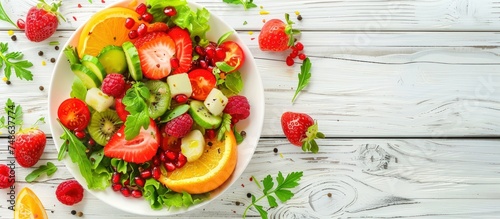 Fresh healthy food salad with fruits and green vegetables on white wooden background. Generated AI