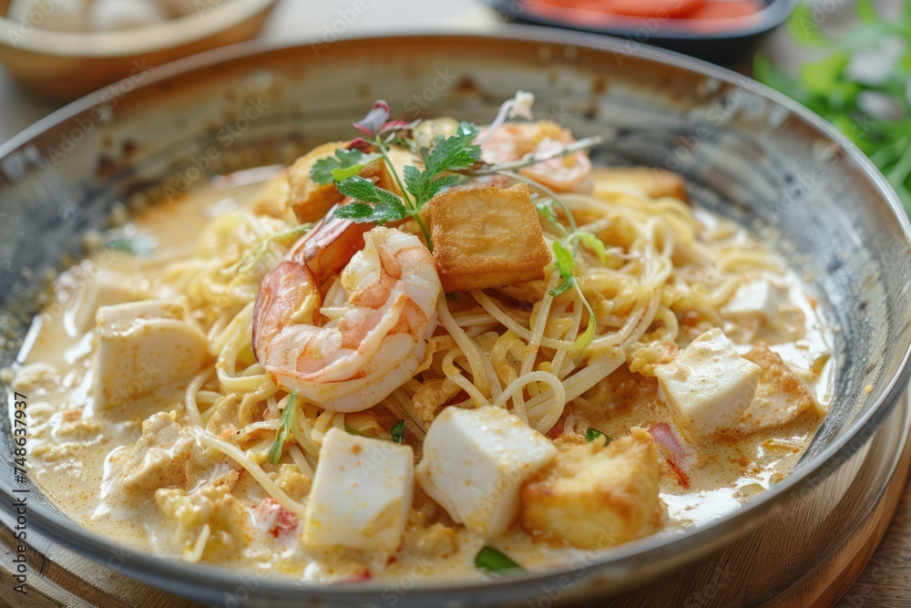 Creamy Laksa sause tossed with spaghetti, topped with prawn & fried bean curd with wooden table Creamy Laksa sause tossed with spaghetti, topped with prawn & fried bean curd with wooden table