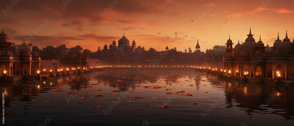 Naklejka premium Diwali holiday. View of a temple from water. Adorned decorated with Diya oil lamps.