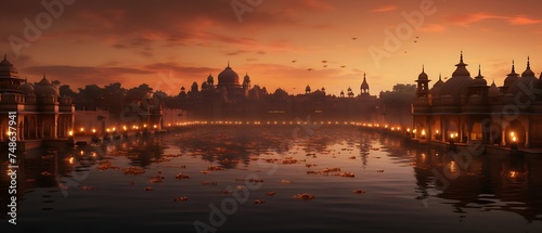 Diwali holiday. View of a temple from water. Adorned decorated with Diya oil lamps. © елена калиничева