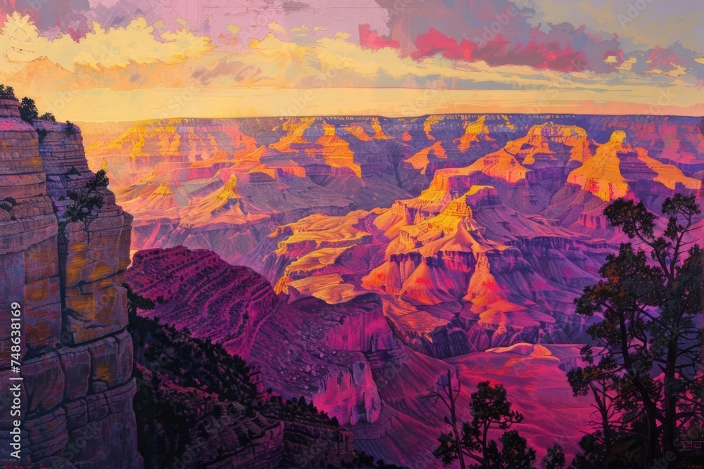 Breathtaking scene of a sunrise over the Grand Canyon, with the first light of dawn painting the towering cliffs in shades of pink and gold.