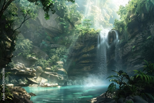 Waterfall cascading down rugged cliffs into a crystal-clear pool below, surrounded by lush greenery and mist rising into the air.