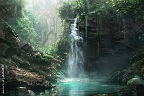 Waterfall cascading down rugged cliffs into a crystal-clear pool below, surrounded by lush greenery and mist rising into the air. © Straxer