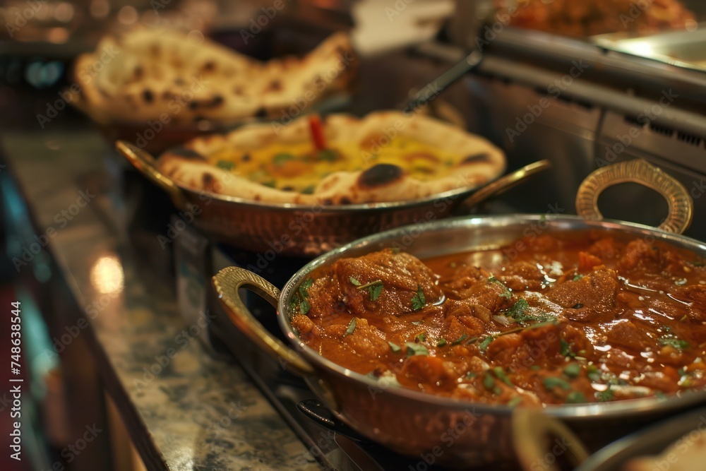 Curry house in a vibrant Indian market, with pots of fragrant curry bubbling away and naan bread baking in a tandoori oven. Curry house in a vibrant Indian market, with pots of fragrant curry bubbling away and naan bread baking in a tandoori oven.
