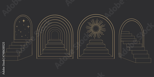 Golden thin line arch frame door stairs, sun and stars, mystic portal, astrology border, decoration, set minimal tatoo on dark background.