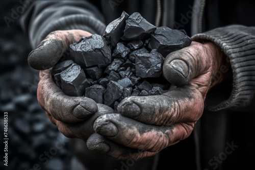 Coal mining in mine. Coal in hands of miner worker. Metallurgical coal for steel. Fuel for furnace heating. Metallurgical Resources, © MaxSafaniuk
