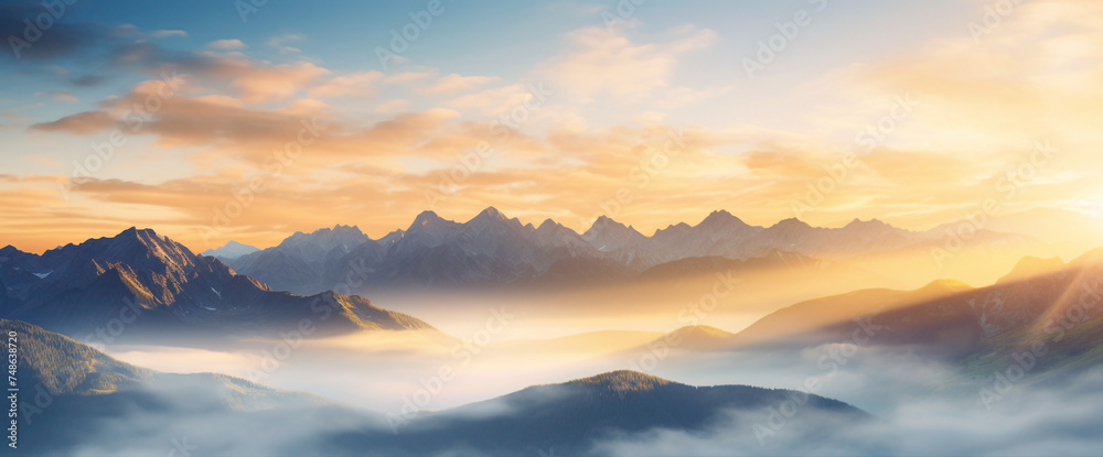Breathtaking gradient mountain range bathed in golden sunlight, presenting the cutest and most beautiful alpine view.