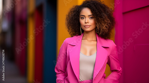 Confident young woman in pink blazer over colorful background © thodonal