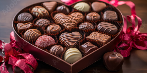 Exquisite heart-shaped chocolate collection with festive red ribbon © thodonal