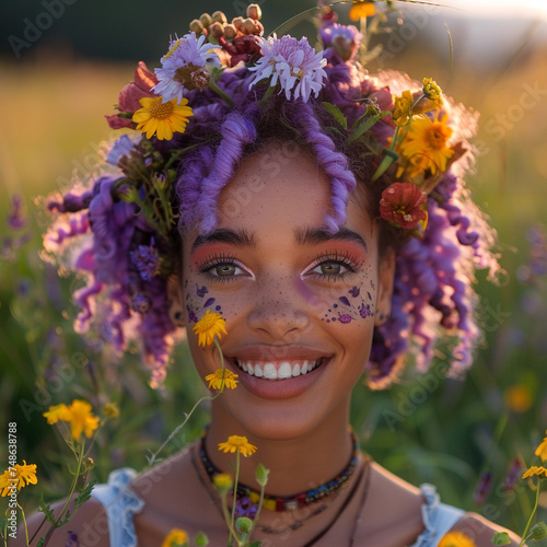 Portrait of a young African American woman with purple hair smiling against the background of a field of flowers. A 30-year-old woman with flowers on her head. Spring woman portrait © YAROSLOVEPHOTOVIDEO