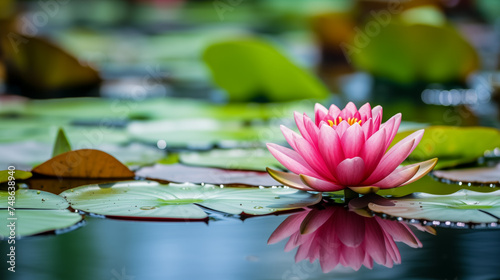 Vibrant pink water lily reflecting on calm pond surface © thodonal