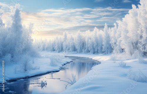 Ethereal frosty sunrise in snowy winter forest by river