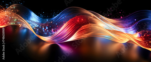 Abstract waves of light with sparkling particles in vivid colors