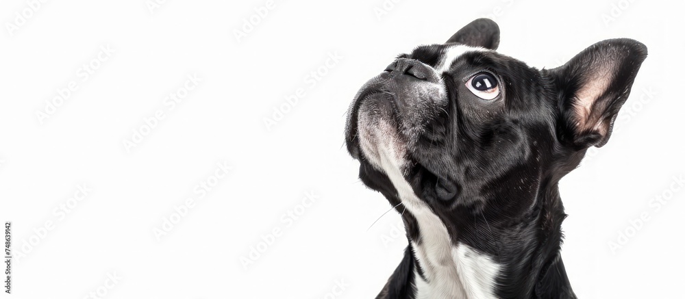 Portrait of funny adorable black french bulldog looking up copy space white background. Generated AI