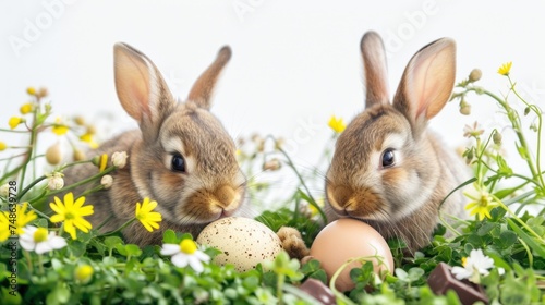 a couple of rabbits sitting next to each other in a field of grass and flowers with an egg in front of them.