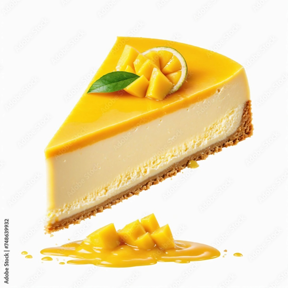 A piece of mango cheesecake, isolated on white background. - obrazy, fototapety, plakaty 