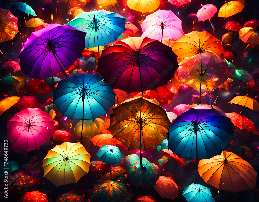 Colorful luminescent umbrellas. Edited AI generated image 