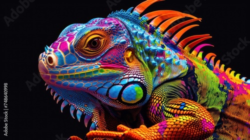 a close up of a colorful iguana on with and.