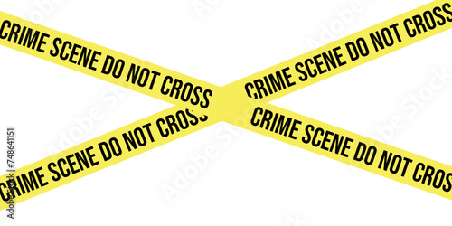 Crime Scene Do Not Cross tape. Attention police ribbon. Yellow warning barrier tape. Caution crime scene band. Do not cross police line. Criminal illustration on transparent background. 