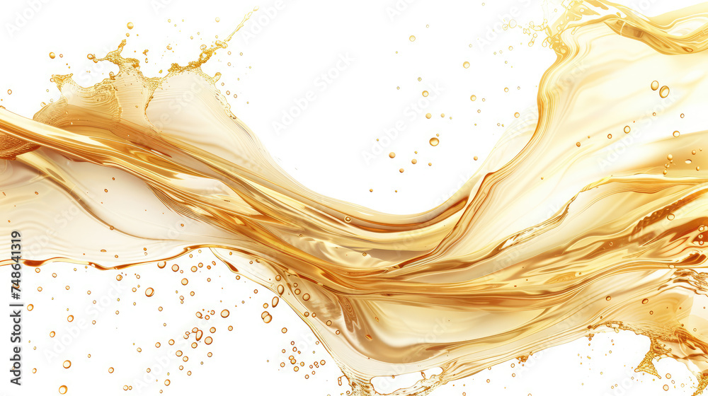 Fototapeta premium A dynamic splash of golden liquid creating an elegant, swirling wave against a white background.